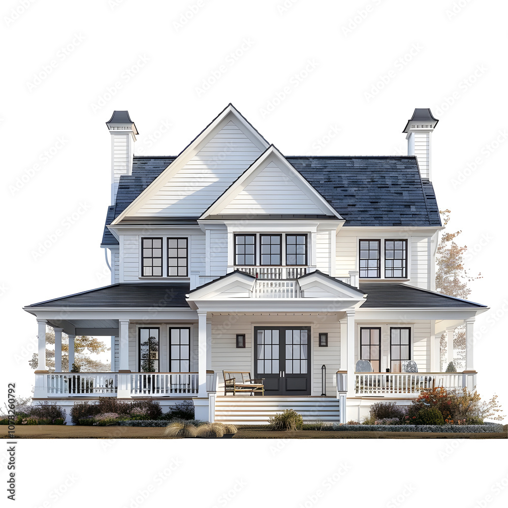 White two-story house with black windows and a porch isolated on a transparent background, with a dark gray roof, for use in 3D rendering or graphic design projects White two-story house with black windows and a porch isolated on a transparent background, with a dark gray roof, for use in 3D rendering or graphic design projects