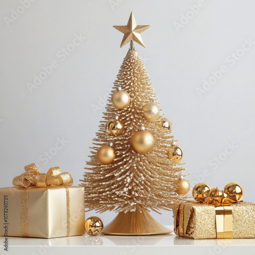 Beautiful golden Christmas tree with ornaments and gift box. AI generative photo