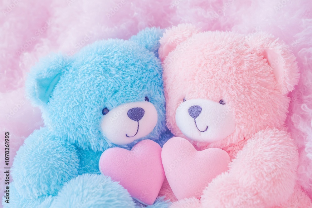 Fototapeta premium Soft and Cuddly Blue and Pink Teddy Bears Holding Hearts in a Plush Background for a Cute and Charming Atmosphere Perfect for Valentine's Day or Baby Theme
