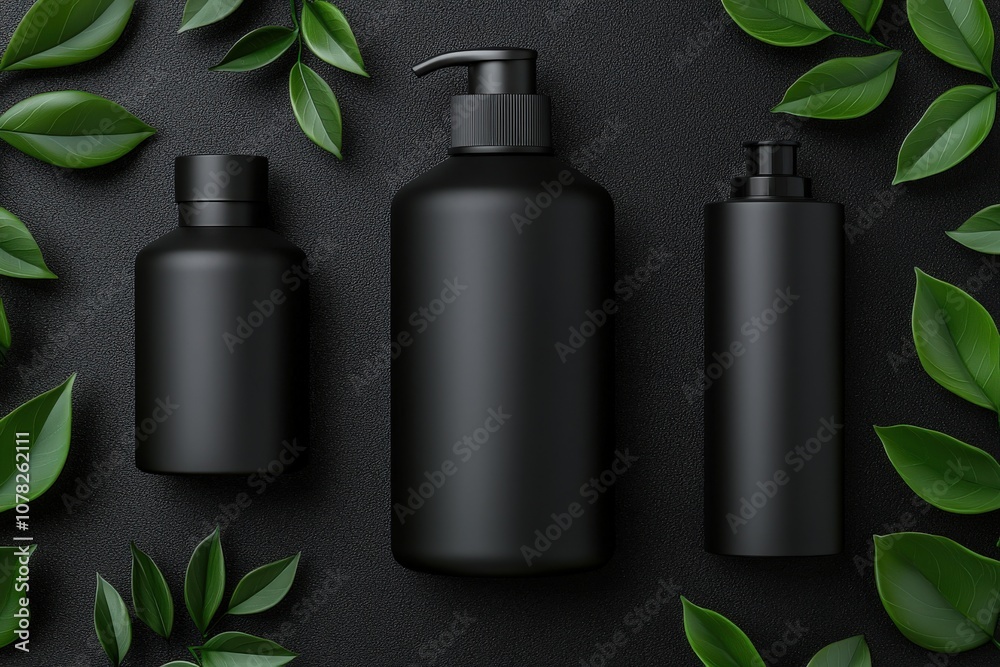 Black Bottles with Green Leaves on Black Background. Black Bottles with Green Leaves on Black Background.