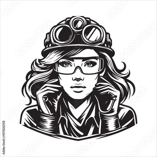 Confident Female Worker Adjusts Safety Goggles. Black and white illustration of a woman wearing a headlamp, safety goggles, gloves, and a bandana.