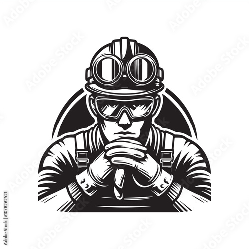 Confident Female Worker Adjusts Safety Goggles. Black and white illustration of a woman wearing a headlamp, safety goggles, gloves, and a bandana.