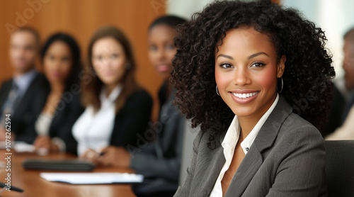 Professional woman addressing her colleagues in a boardroom, focused and inspiring