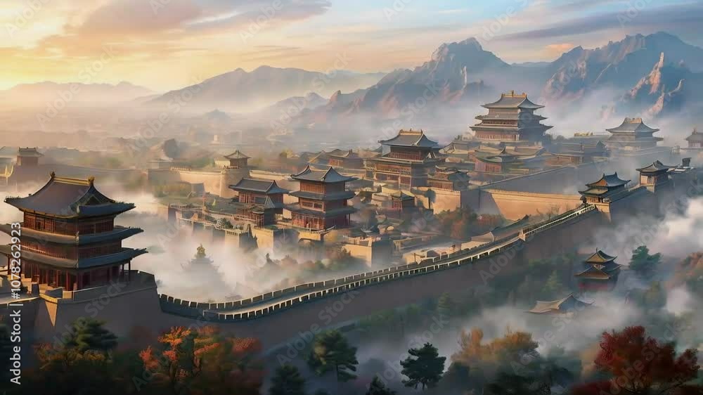 Ancient China (Han Dynasty): A panoramic view of Xi’an, showcasing a grand palace, pagodas, walled enclosures, and winding sections of the Great Wall under a misty sky.