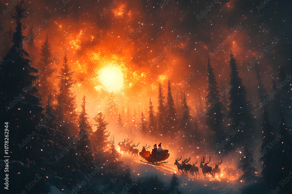 Santa Claus Flying in Sleigh over Snowy Forest at Sunset
Santa Claus Flying in Sleigh over Snowy Forest at Sunset