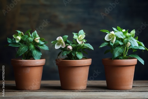 Christmas rose flowers in clay pots