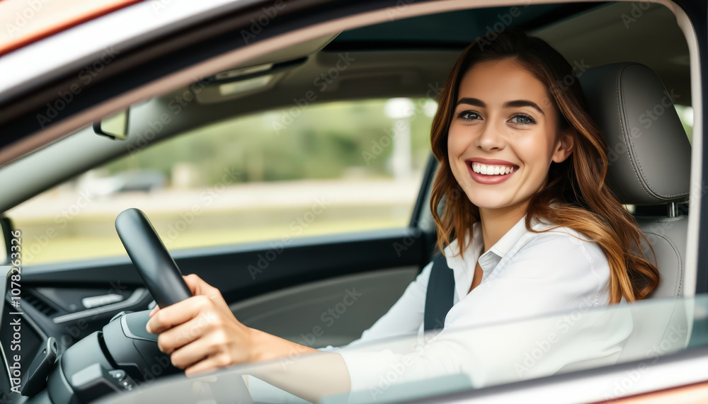 Smiling woman in driver's seat holding steering wheel. Smiling woman in driver's seat holding steering wheel.
