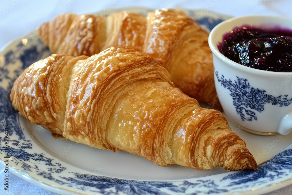 Croissants huckleberry jam and a cup of coffee Croissants huckleberry jam and a cup of coffee