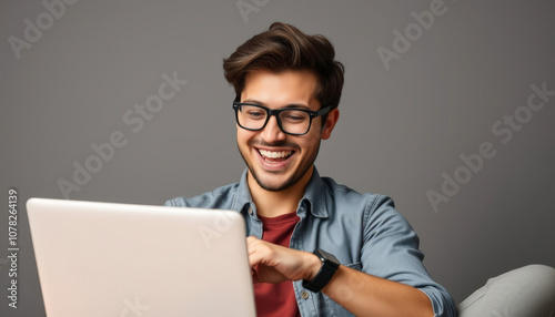 Smiling young man using laptop, excitement, casual style, glasses, gray background