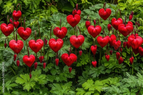 Dicentra spectabilis Valentine produces puffy bright red heart shaped blooms with white tips in early summer photo