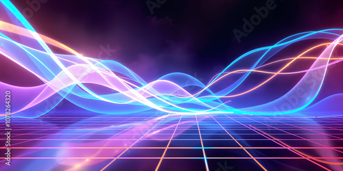 Abstract digital landscape with colorful neon light waves