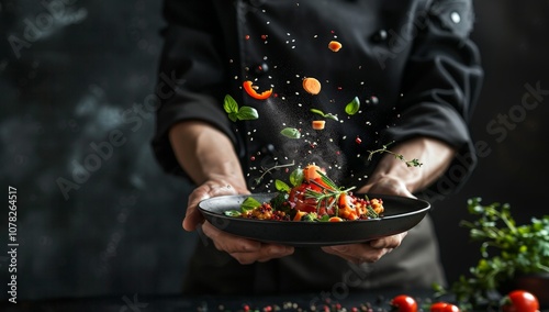 Chef Preparing a Delicious Dish with Flying Vegetables