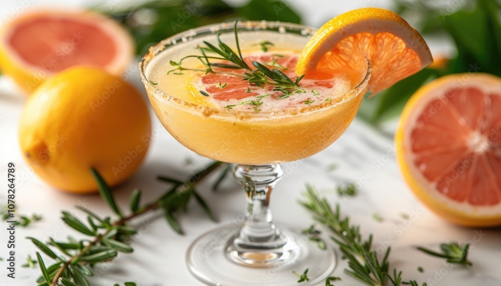 A refreshing grapefruit and rosemary cocktail in a stemmed glass A refreshing grapefruit and rosemary cocktail in a stemmed glass