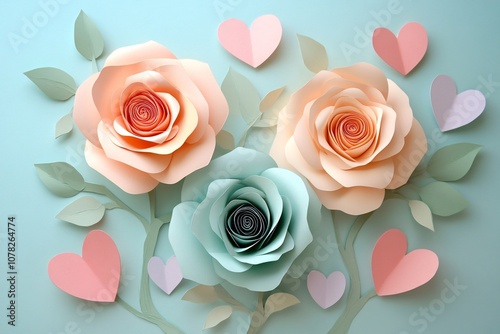Beautiful Paper Roses in Pastel Colors Surrounded by Heart Shapes, Perfect for Celebrating Love, Romance, and Special Occasions in a Creative and Artistic Way