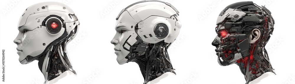 Fototapeta premium Three robot heads with red eyes and red glowing heads