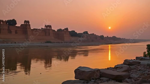 Ruins of Mohenjo-Daro at Dusk: A distant view of Mohenjo-Daro from across the Indus River, with the ruins of a thriving city faintly visible under a sunset sky.