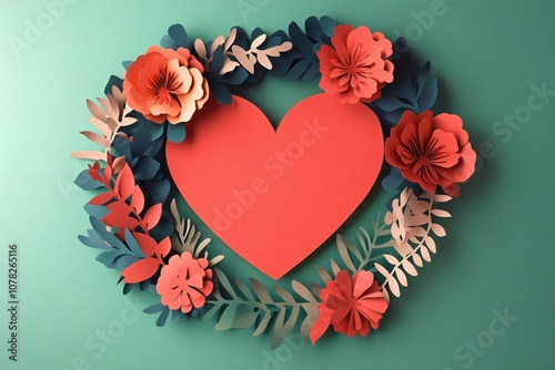 Colorful Paper Flower Wreath with Heart Centerpiece on Mint Green Background for Romantic, Wedding, or Artistic Themes