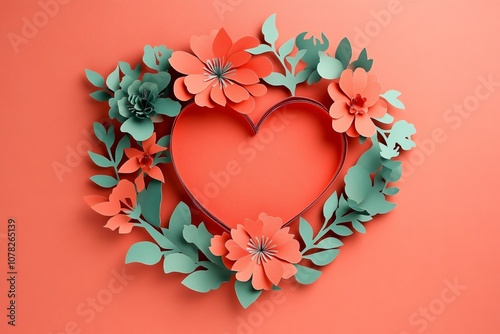 Delicate Paper Flowers Arranged in a Heart Shape on a Vibrant Coral Background, Perfect for Valentine's Day or Romantic Occasions