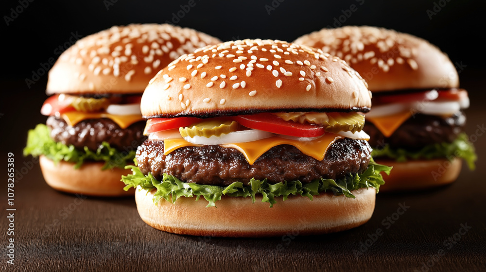 Close-up of three cheeseburgers with sesame seed buns, beef patties, cheese, lettuce, tomato, pickles, and onion on a dark background. Close-up of three cheeseburgers with sesame seed buns, beef patties, cheese, lettuce, tomato, pickles, and onion on a dark background.