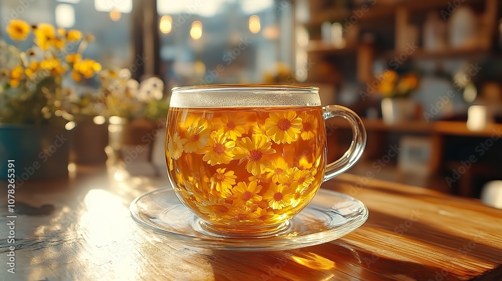 delicious chamomile tea in glass cup on wooden table delicious chamomile tea in glass cup on wooden table
