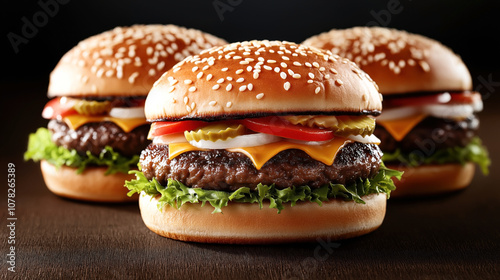 Close-up of three cheeseburgers with sesame seed buns, beef patties, cheese, lettuce, tomato, pickles, and onion on a dark background.