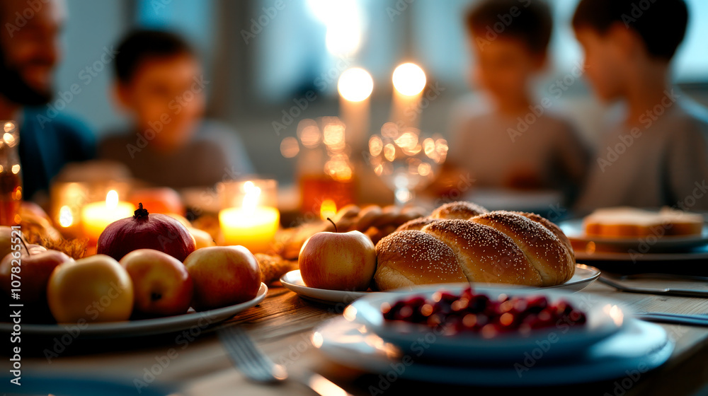 A cozy family dinner setting with candles, featuring a feast of bread, apples, and berries enjoyed by children in warm, inviting light. A cozy family dinner setting with candles, featuring a feast of bread, apples, and berries enjoyed by children in warm, inviting light.