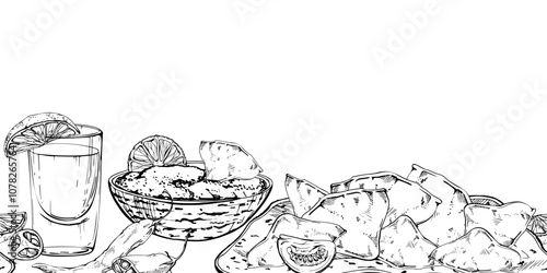 Nacho chips, guacamole salsa sauce, tequila shot glass with lime, chili pepper served on ceramic plate. Hand drawn ink vector illustration. Isolated seamless banner. Design travel, restaurant bar menu