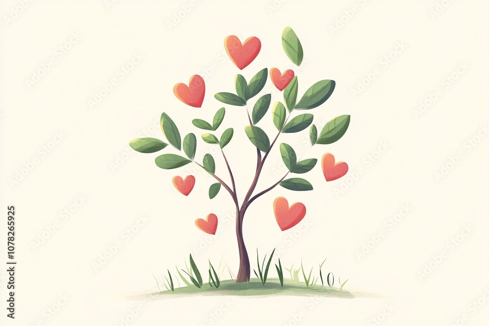Vibrant Tree with Heart-Shaped Leaves and Lush Green Grass Creating a Whimsical Scene for Love and Nature Concepts in a Soft Pastel Style Vibrant Tree with Heart-Shaped Leaves and Lush Green Grass Creating a Whimsical Scene for Love and Nature Concepts in a Soft Pastel Style