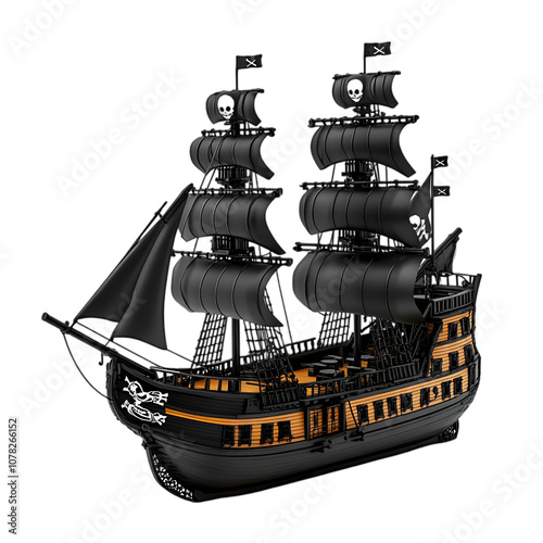 Pirate ship with black sails isolated on transparent background, png.