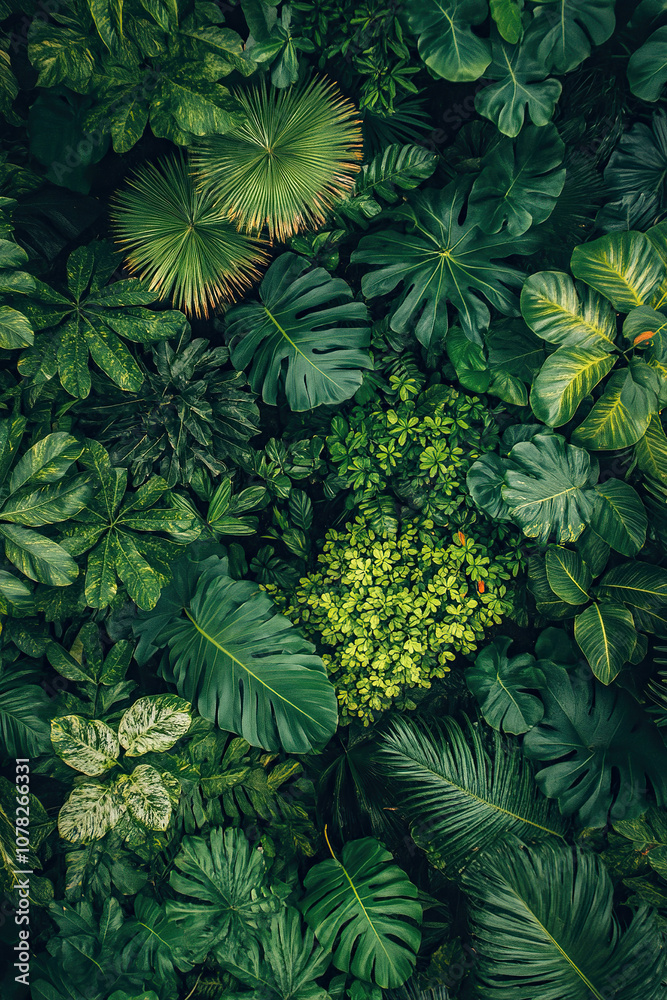 Top view of various tropical plants as vertical background for smartphone. Green natural background. Top view of various tropical plants as vertical background for smartphone. Green natural background.