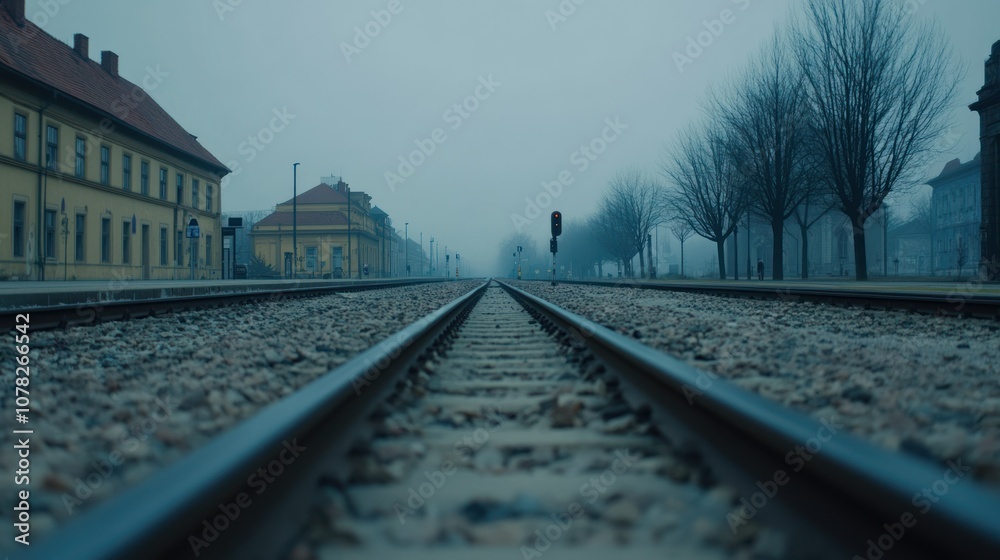 Fototapeta premium A low angle view of two train tracks in a misty cityscape. The tracks vanish into the fog and the buildings are out of focus in the background.