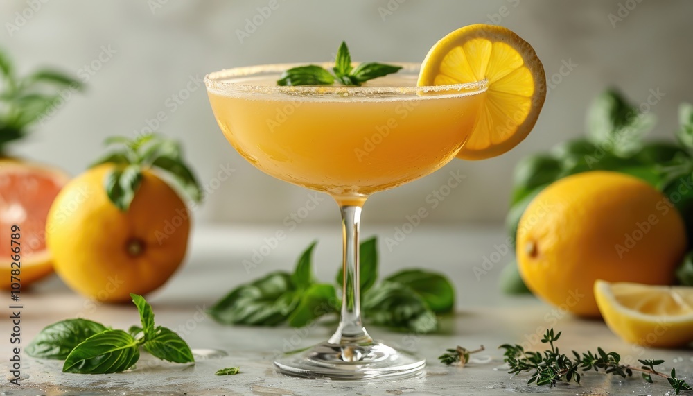 Fototapeta premium Citrus Cocktail with Lemon Wedge and Basil Garnish