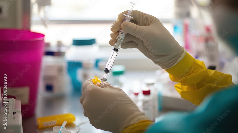 A gloved hand holding a syringe filled with liquid and about to inject it into a vial