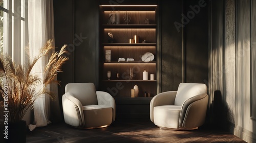 Stylish Salon Interior with Armchairs and Shelf with Accessories

 photo