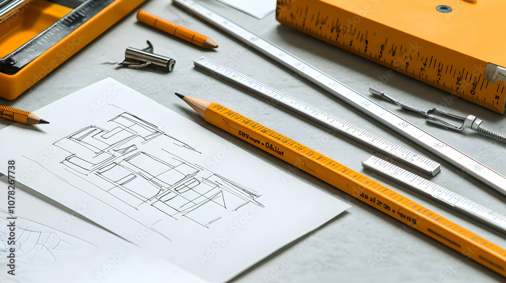 Architect's workspace with a pencil, ruler and a sketch of a building on a white paper. Architect's workspace with a pencil, ruler and a sketch of a building on a white paper.
