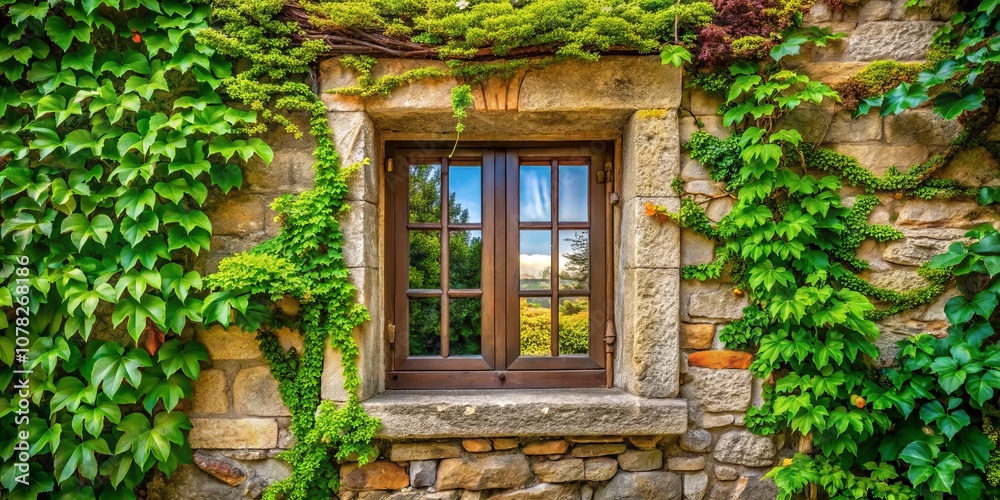 Picturesque Window Framed with Rectangular Stone Exterior and Hanging Vines Creating a Beautiful Reflection in the Glass, Perfect for Nature and Architecture Lovers Picturesque Window Framed with Rectangular Stone Exterior and Hanging Vines Creating a Beautiful Reflection in the Glass, Perfect for Nature and Architecture Lovers