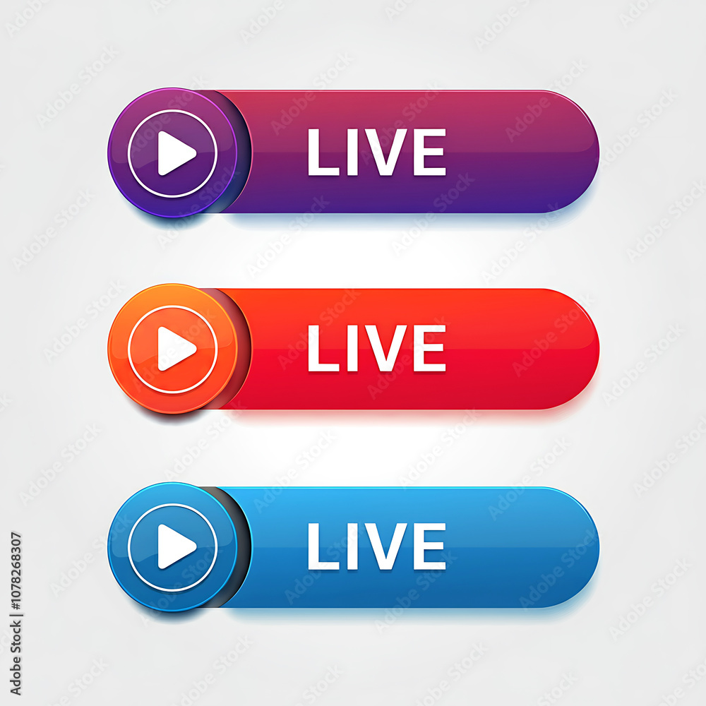 Glossy Live Streaming Buttons with Play Symbol and Vibrant Gradient Colors
Glossy Live Streaming Buttons with Play Symbol and Vibrant Gradient Colors
