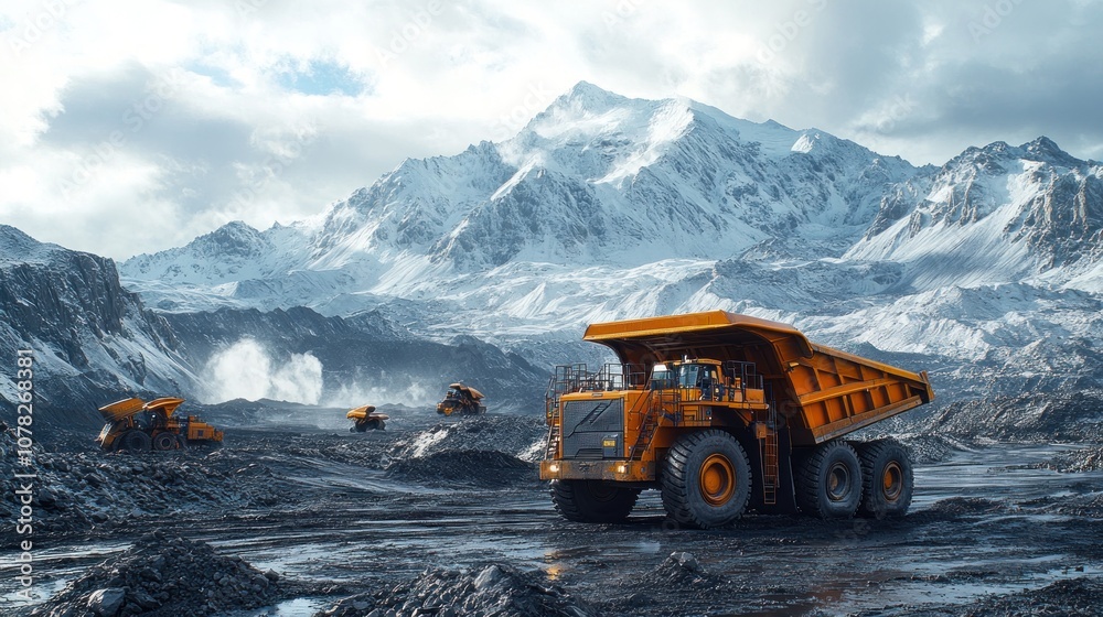 Heavy mining trucks operate in a rugged, mountainous landscape. Heavy mining trucks operate in a rugged, mountainous landscape.