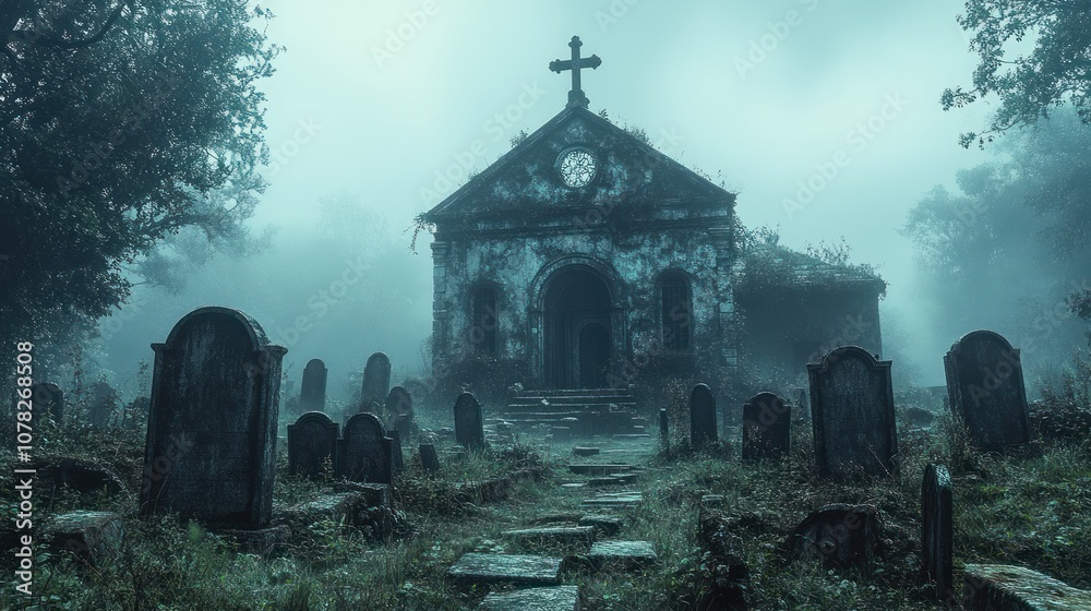 A foggy graveyard scene with an old, abandoned church. A foggy graveyard scene with an old, abandoned church.