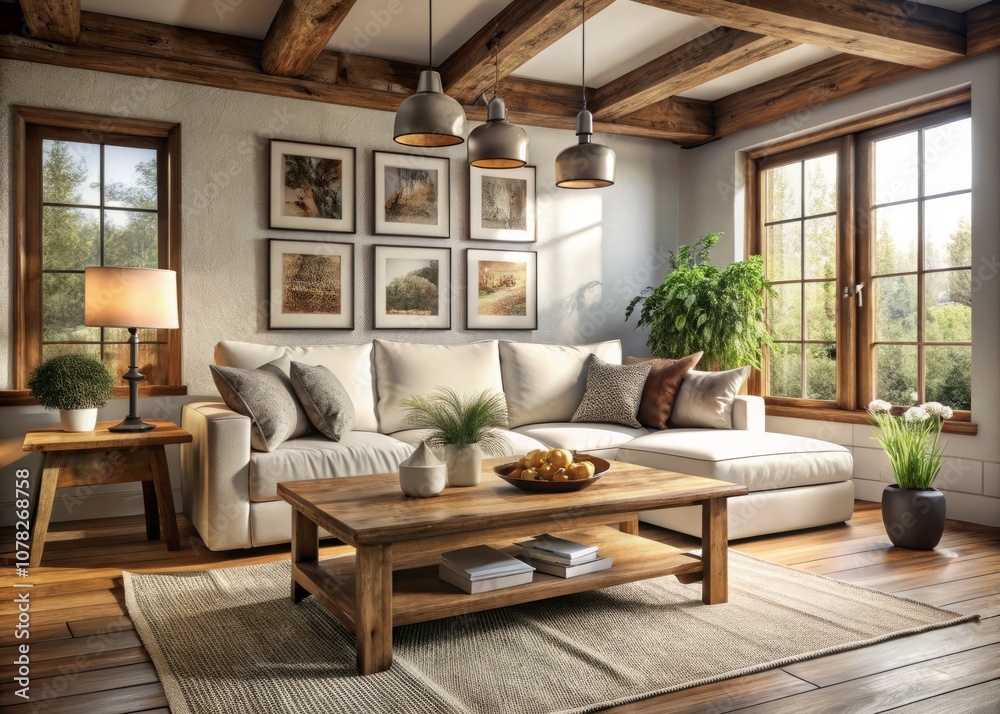 Rustic Coffee Table and White Sofa in Modern Farmhouse Living Room with Art Frame on Wall – Cozy Interior Design Inspiration for Contemporary Homes Rustic Coffee Table and White Sofa in Modern Farmhouse Living Room with Art Frame on Wall – Cozy Interior Design Inspiration for Contemporary Homes