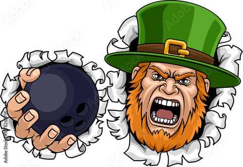 An angry Leprechaun Celtic Irish cartoon character holding Bowling ball sports team mascot illustration. photo