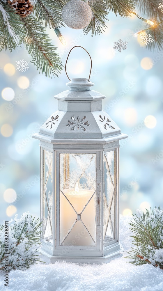 White lantern glowing in snowy setting with pine branches and Christmas ornaments, capturing a serene winter holiday ambiance. White lantern glowing in snowy setting with pine branches and Christmas ornaments, capturing a serene winter holiday ambiance.