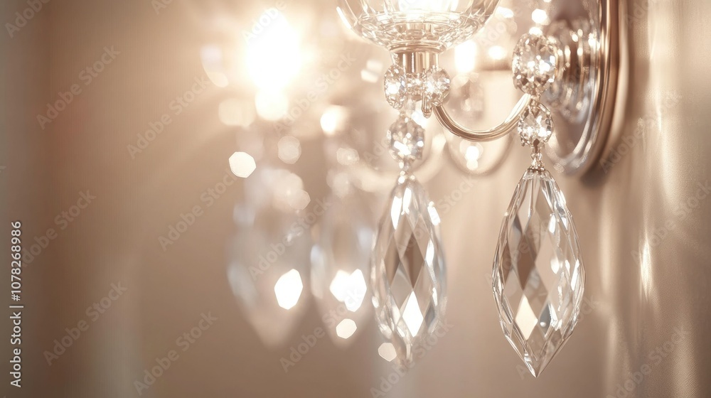 A chic and elegant crystal wall lamp with dangling glass prisms that reflect light A chic and elegant crystal wall lamp with dangling glass prisms that reflect light