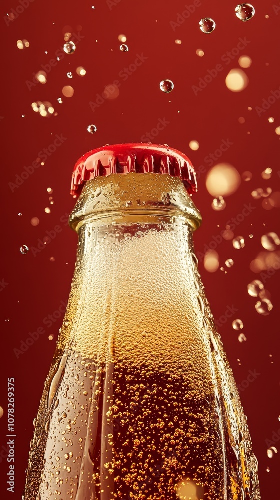 Close-up of a fizzy drink bottle with a red cap, surrounded by sparkling bubbles against a vibrant red background. Close-up of a fizzy drink bottle with a red cap, surrounded by sparkling bubbles against a vibrant red background.