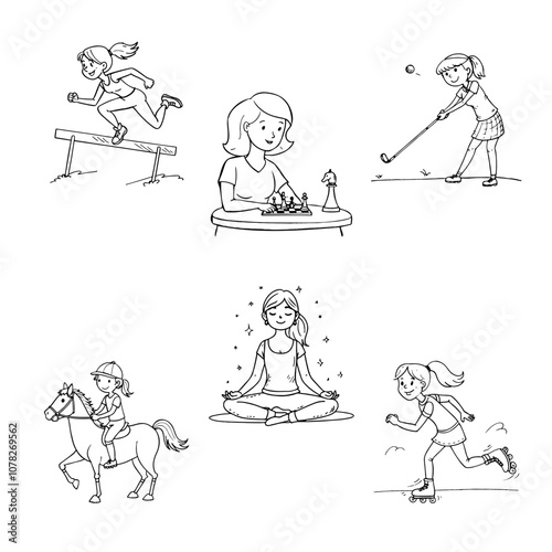 Girls sports, polo, golf, rollerblading, chess, yoga, running. Set of vector sketches in cartoon doodle style