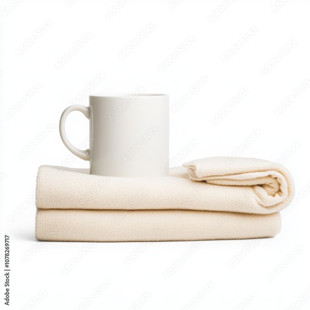Cozy setup featuring a white cup and soft towels. Cozy setup featuring a white cup and soft towels.