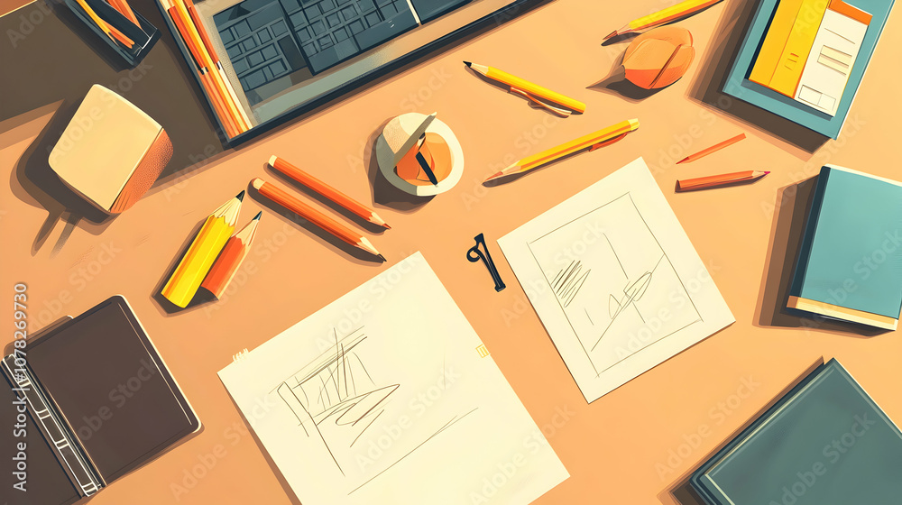 Flat lay of a workspace with a keyboard, pencils, paper, and books. Flat lay of a workspace with a keyboard, pencils, paper, and books.