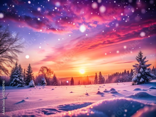 Serene Winter Sunset with Blurred Background of Pink and Purple Skies Over Snow-Covered Landscape, Capturing the Tranquility of a Cold Evening in Nature's Embrace