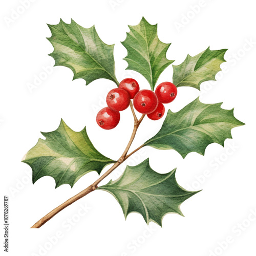 Christmas holly branch. Red berries and leaves. Watercolor illustration.