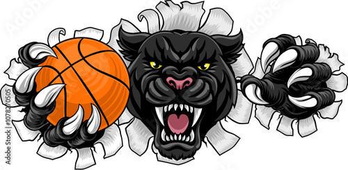 Black panther leopard or jaguar cat basketball sports team mascot holding a ball photo